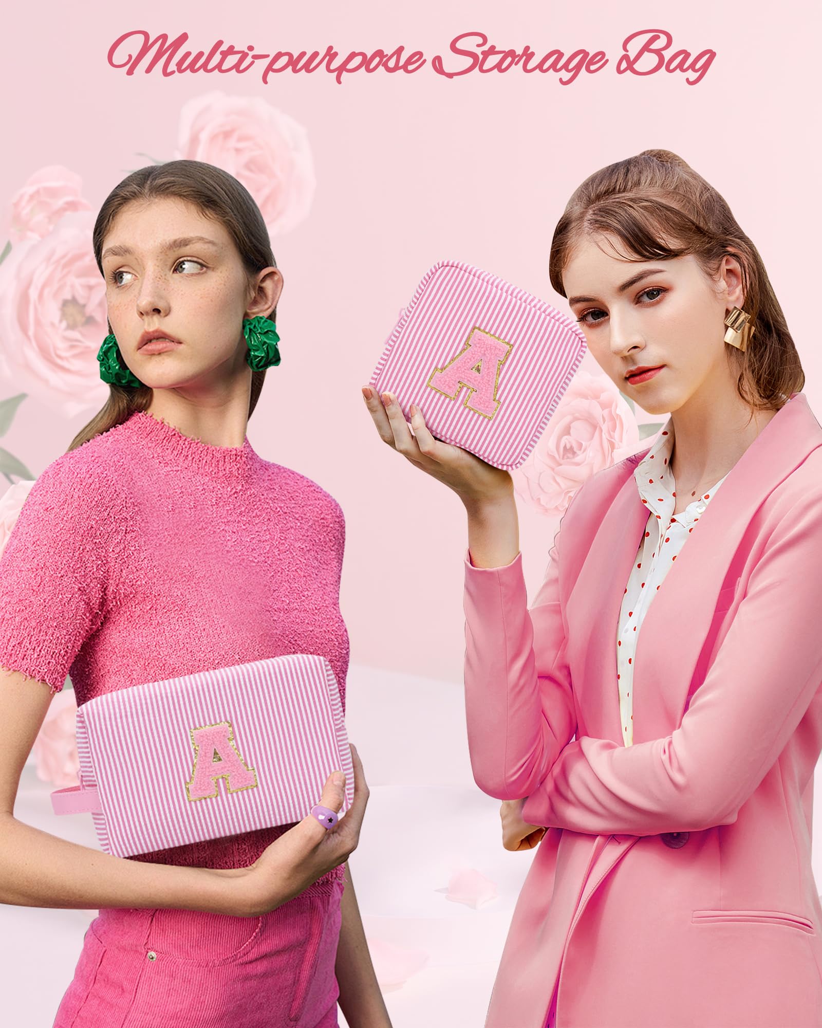 MONSTINA Initial Makeup Bag for Women,Personalized Make Up Case for 10 11 12 13 14 15 16 17 18 Years Old Teen Girls Gifts|Cute Toiletry Bag Preppy Chenille Letter Patch,Pink F