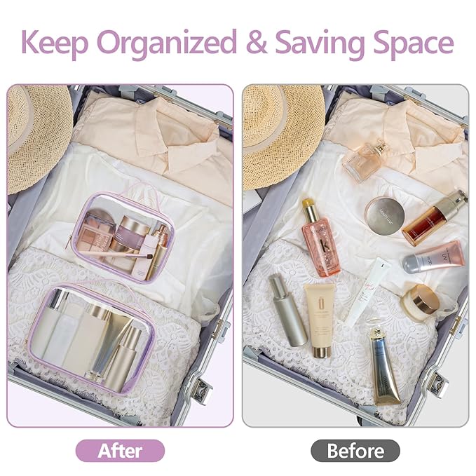 PACKISM Clear Makeup Bag Travel - TSA Approved Toiletry Bag, 2 Pack Purple