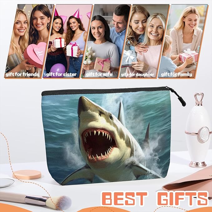 Scribesense Cosmetic Bags Travel Makeup Toilet Case Waterproof Pouch for Women Girls 6.7X9.45inches - Close - Up of A Great White Shark With Open Mouth