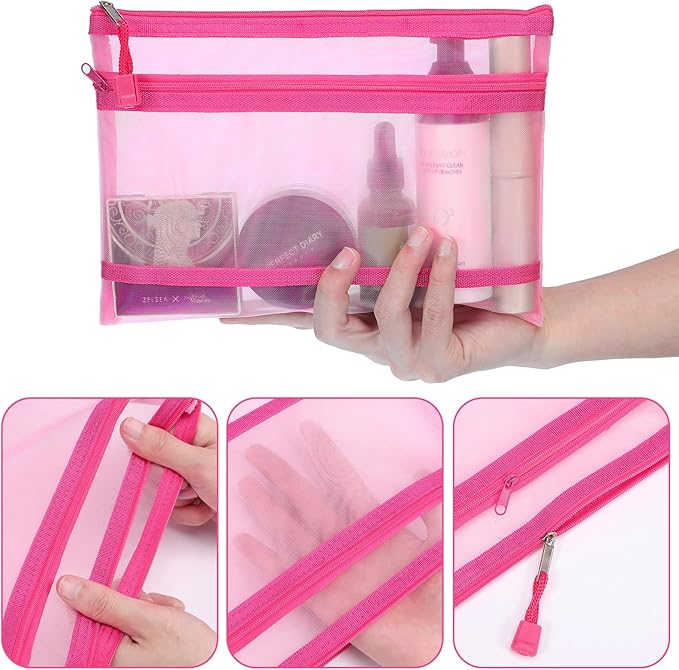Sinzip 12 Pieces Zipper Nylon Mesh Pouch, Mesh Cosmetic Bags Makeup Bags Pencil Case, Multipurpose Travel Bags for Cosmetic School Office Supplies and Travel Accessories (2 Layers-Pink, A5)