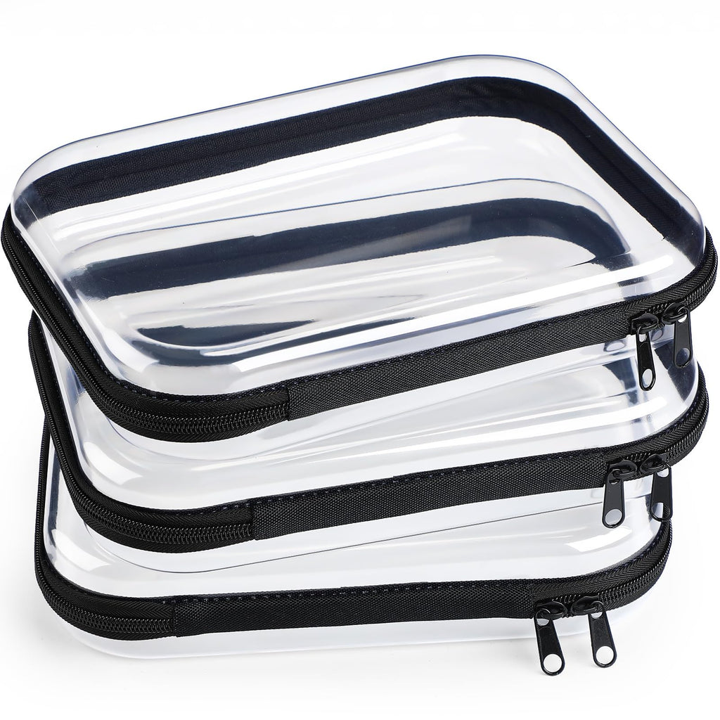 Hoolerry 3 Pcs Clear Hard Zipper Case Hard Plastic Zipper Pouch Makeup Bag Portable Travel Organizer for Cosmetics, Office Supplies, Documents & Toiletries(Black,M)