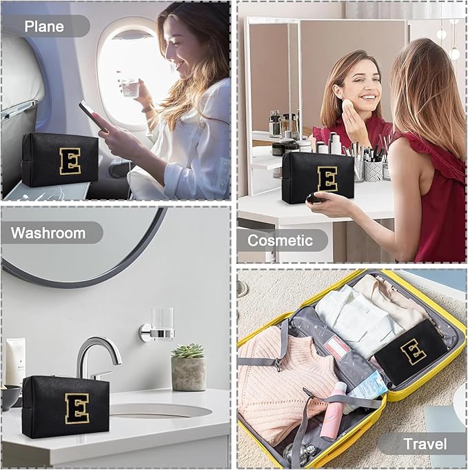Personalized Chenille Letter Preppy Makeup Bag, Small Initial Black Travel Cosmetic Organizer Toiletry Pouch Monogram Makeup Storage, Waterproof Make Up Case Travel Essentials for Women Her(Letter E)