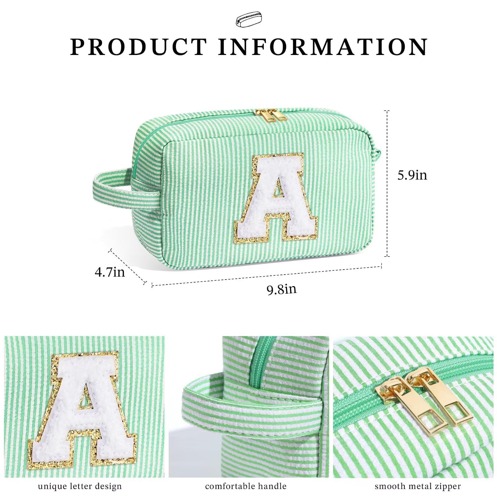 YOOLIFE Initial Cosmetic Bag for Women - Monogram Cute Makeup Bag Cosmetic Case Toiletry Pouch for Women Her Best Friend Sister Teacher, Personalized Birthday Gifts for Women, Light Green I