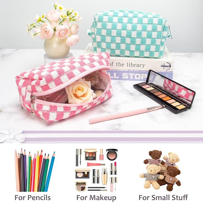 Checkered Makeup Bag for Purse, Small Travel Cosmetic Pouch,Pink,2 Pack