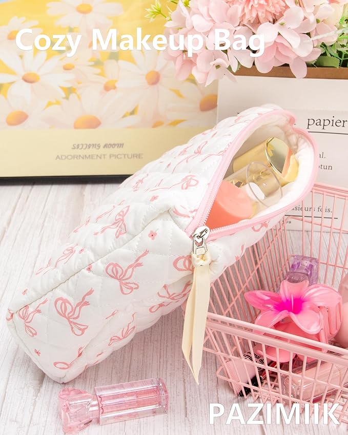 Quilted Makeup Pouch for Women, Travel Cosmetic&Toiletry Bag,Bow Pink