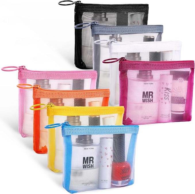 Fassave 8 Pack Mini Zipper Mesh Makeup Bags, Nylon Cosmetic Bags Toiletry Purse Travel Organizer Bags Inside Bag for Office Travel Organization (Widened-Multicolor, XS)