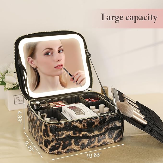 Behaesty Travel Makeup Bag with LED Lighted Mirror, Cosmetic Makeup Organizer Bag with 3 Color Setting, Makeup Train Case with Adjustable Dividers for Women Makeup Brushes Jewelry Accessories