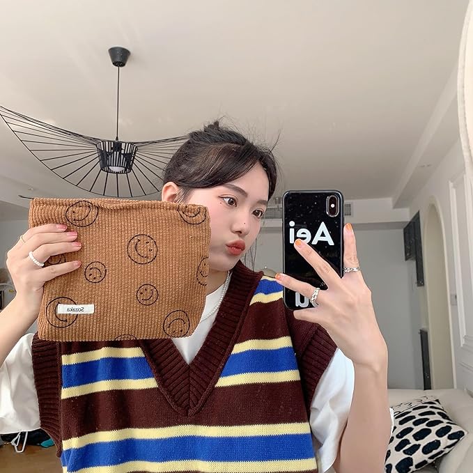 Gardsell Cosmetic Bags for Women - Corduroy Cosmetic Bag Aesthetic Women Handbags Purses Smile Dots Makeup Organizer Storage Makeup Bag Girls Case Bags (A-Brown)