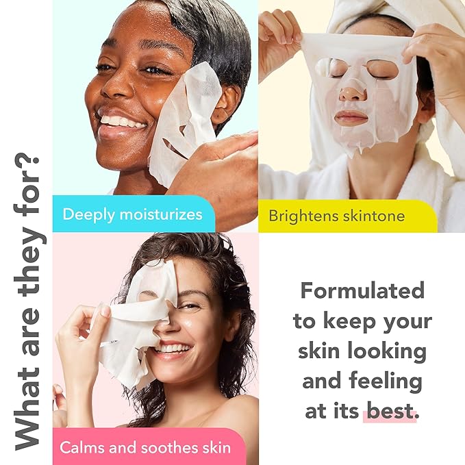 Patchology Face Mask Variety Pack - Illuminating Face Mask with Vitamin C stimulates collagen, Hydrating Face Masks with Hyaluronic Acid soften skin, Renewing Face Masks with Strawberry (6 Masks)