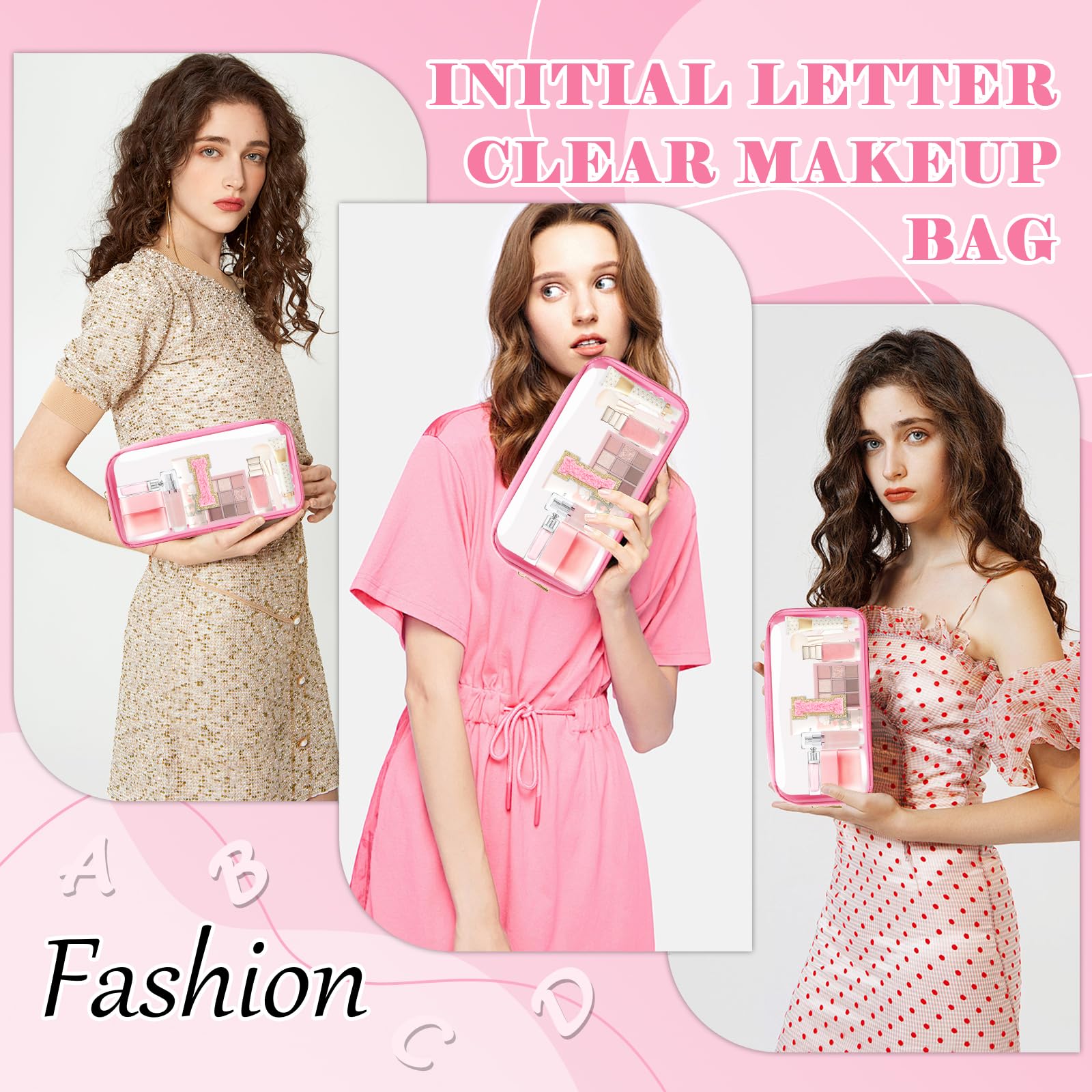 Personalized Initial Letter Clear Makeup Bag,Preppy Small Nylon&PVC Cosmetic Zipper Bag with Chenille Letter,Portable Beach Travel Skincare Toiletry Bag,Trendy Monogram Gift for Teen Girls Women,I