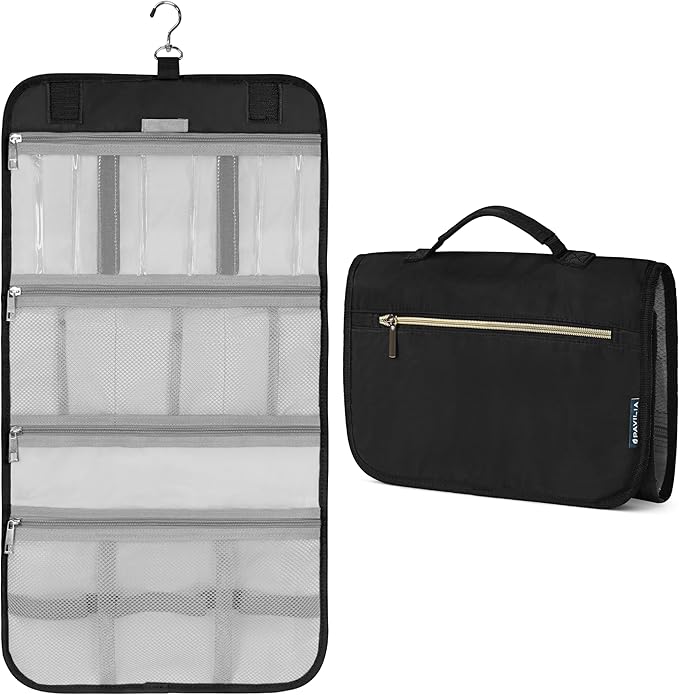 PAVILIA Hanging Toiletry Bag for Women Men, Large Foldable Toiletries Organizer with Hook, Water-Resistant Makeup Cosmetic Rollup Case, Clear Pockets for Bathroom, Gym, Cruise (Black)