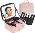 Aura In Bloom Makeup Bag with LED Mirror – Travel Cosmetic Organizer with Lighted Mirror, Adjustable Dividers & Brush Holder Storage – Portable PU Leather Makeup Case for Women & Girls - Pink