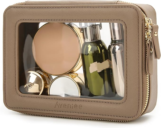 Aveniee Clear Makeup Bag for Women, Small Toiletry Travel Bag with Zipper, Portable Cosmetic Organizer Pouch for Skincare, Car Organizer Storage Bag for Essentials, Taupe,Medium Classic
