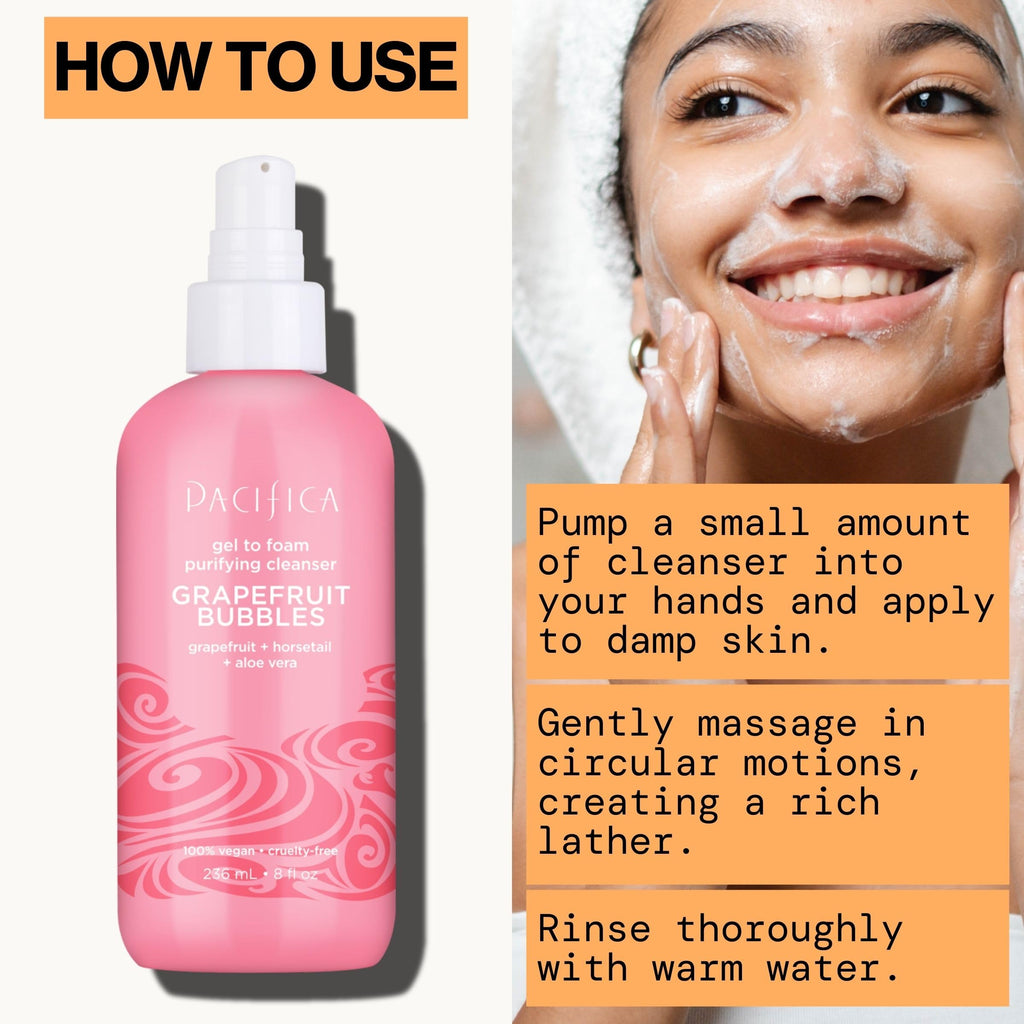 Pacifica Grapefruit Bubbles Gel-to-Foam Cleanser - Gentle Face Wash for Oily & Combination Skin, Helps Remove Excess Oil & Impurities, Helps Brighten, Vegan & Cruelty-Free Formula Dermatologist Tested