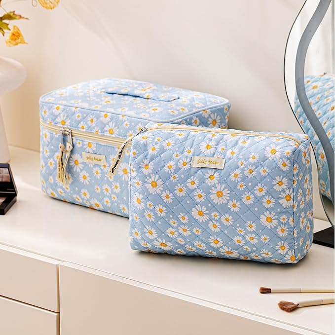 HBselect Quilted Makeup Bag, 3Pcs Cotton Large Travel Makeup Bags Organizer