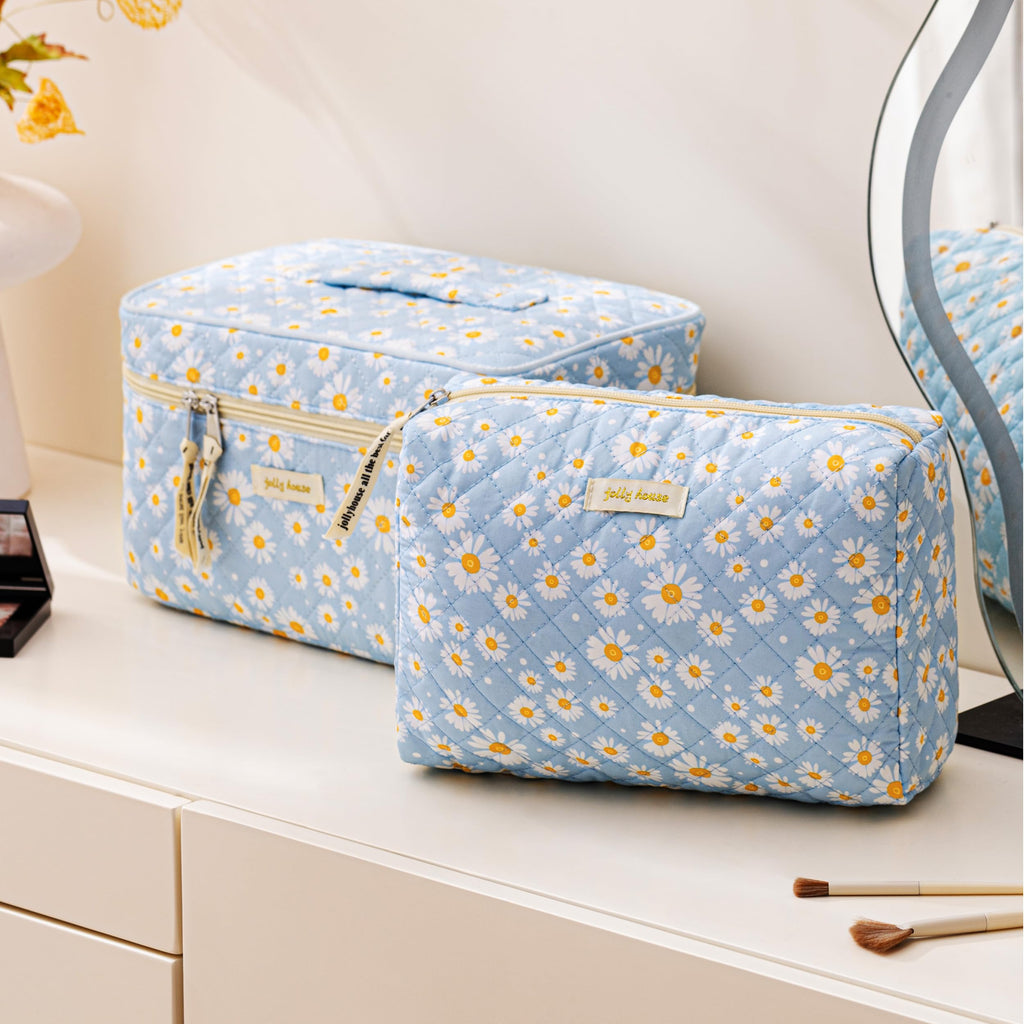 HBselect Quilted Makeup Bag, 3Pcs Cotton Large Travel Makeup Bags Organizer