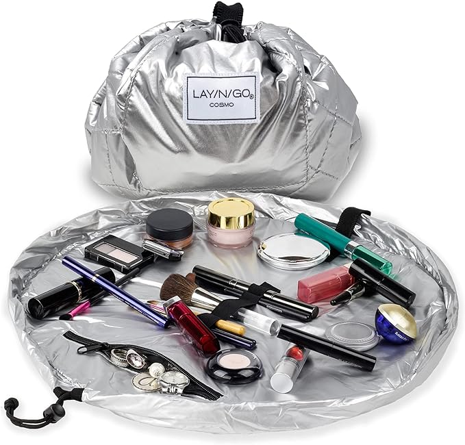 Lay-n-Go Cosmo Layflat Drawstring Cosmetic & Makeup Bag Organizer - Portable Drawstring Makeup Bag w/Zipper Pocket, Makeup Loops & More -Durable, Machine Washable Toiletry Bag (20", Metallic Silver)