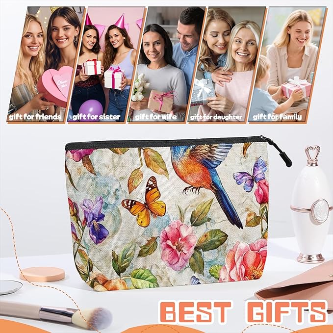 Scribesense Cosmetic Bags Travel Makeup Toilet Case Waterproof Pouch for Women Girls 6.7X9.45inches - Whimsical Flower - Bird - Butterfly World