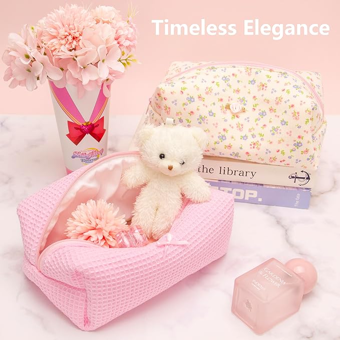 Cozy Makeup Bag for Women,Zipper Cosmetic Pouch,Waffle Candy Pink,2 Pack