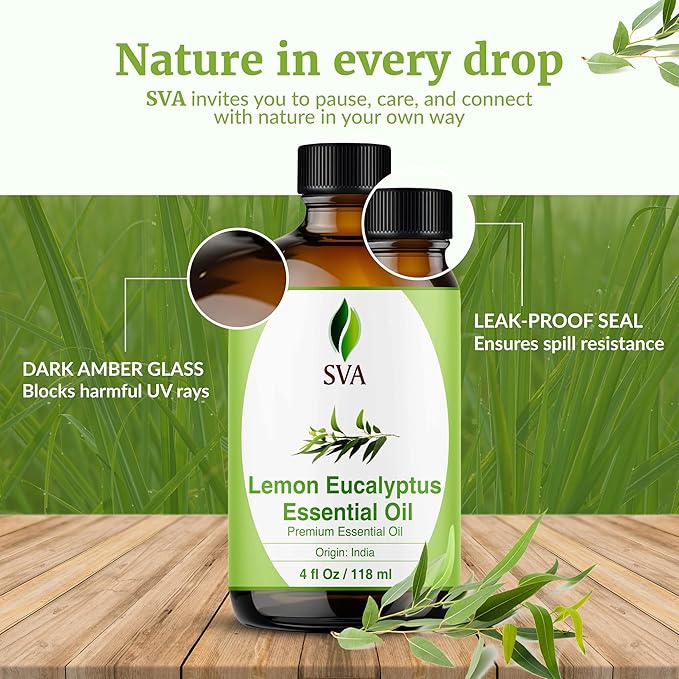 SVA Lemon Eucalyptus Essential Oil 4 Fl Oz – for Diffuser, Skin & Hair Care – Ideal for Massage & DIY Blends - with Dropper