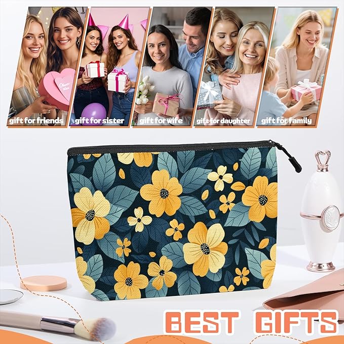 Scribesense Cosmetic Bags Travel Makeup Toilet Case Waterproof Pouch for Women Girls 6.7X9.45inches - Pattern of Yellow Flowers on A Dark - Teal Background