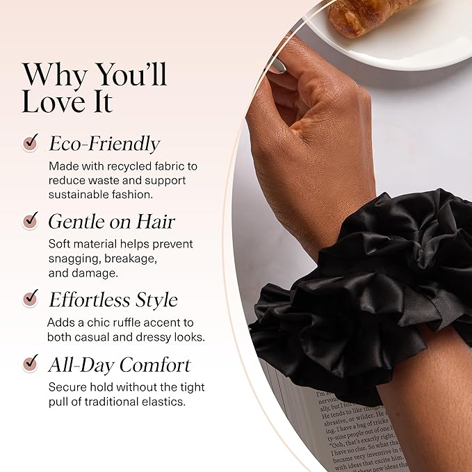 Kitsch Ruffle Satin Scrunchies For Women - Gentle Hair Tie - Black, 1pc