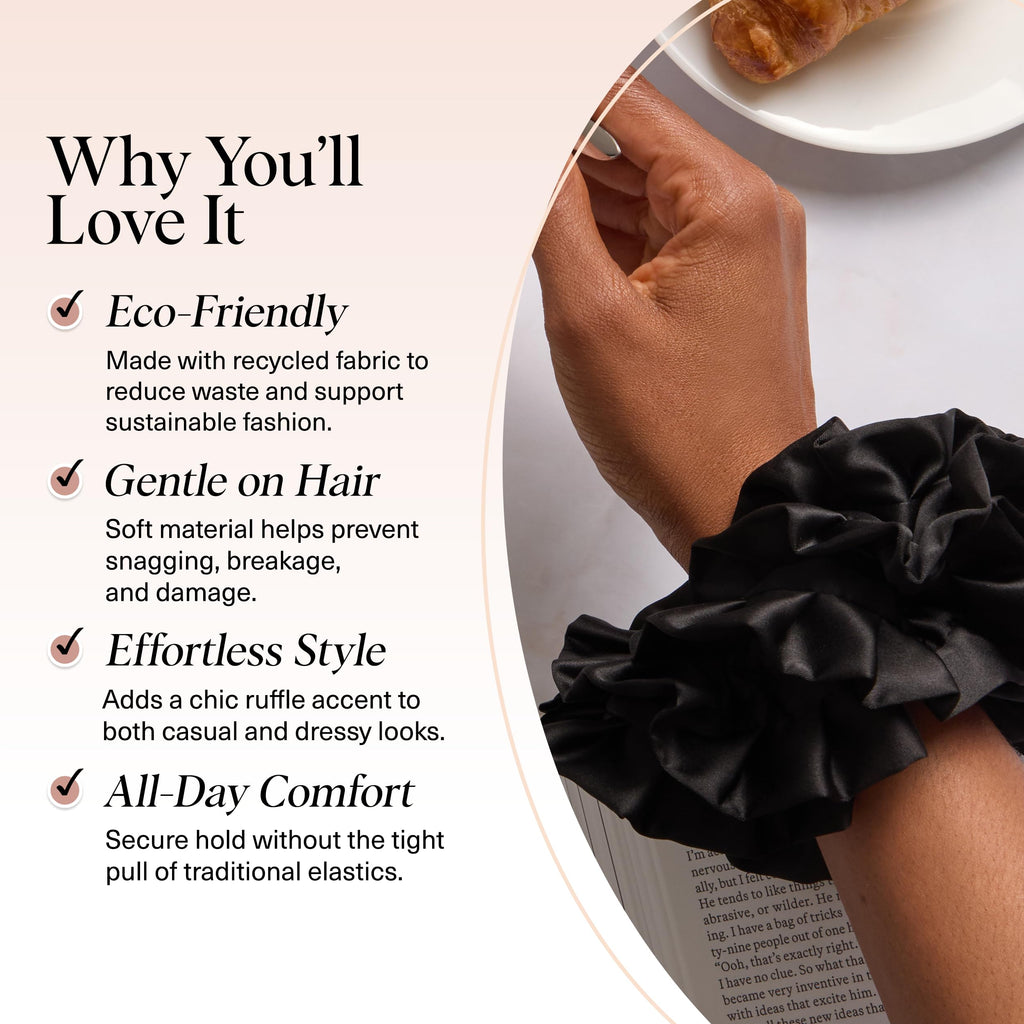 Kitsch Ruffle Satin Scrunchies For Women - Gentle Hair Tie - Black, 1pc