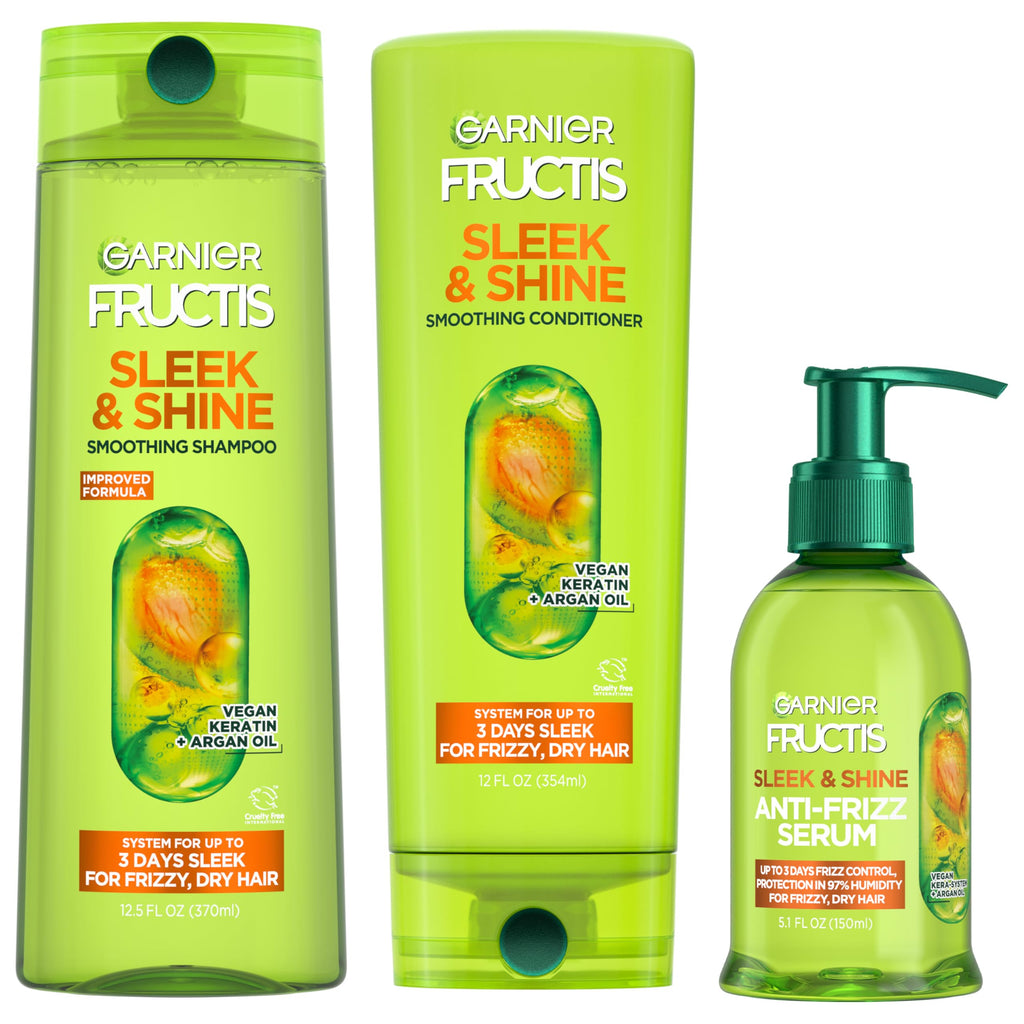 Garnier Fructis Sleek & Shine Shampoo and Conditioner Set with Anti-Frizz Serum for Frizzy Hair, Up to 72H of Frizz Control, Smooths Flyaways & Boosts Shine, 3 Items 29.6 Fl Oz (Packaging May Vary)