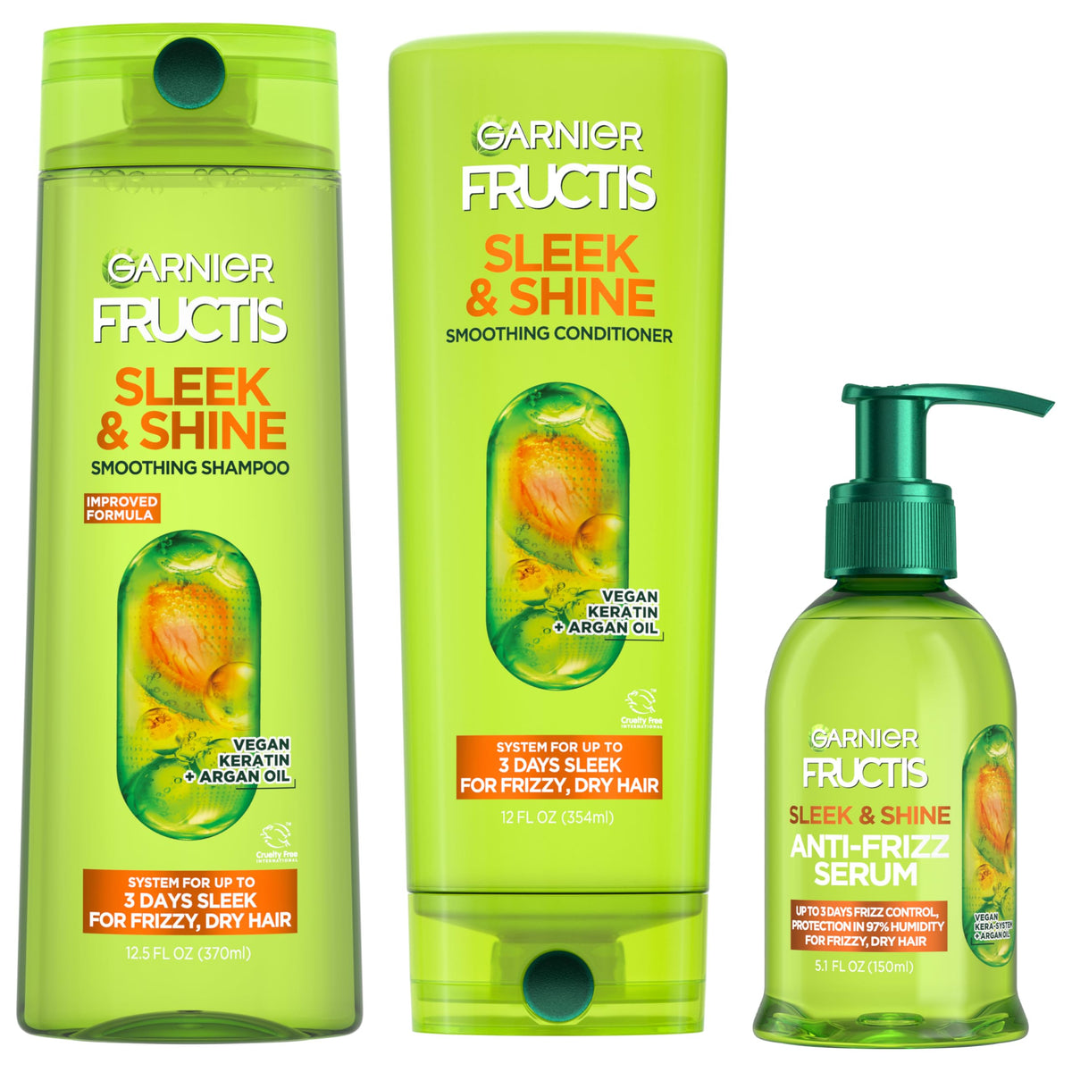 Garnier Fructis Sleek & Shine Shampoo and Conditioner Set with Anti-Frizz Serum for Frizzy Hair, Up to 72H of Frizz Control, Smooths Flyaways & Boosts Shine, 3 Items 29.6 Fl Oz (Packaging May Vary)