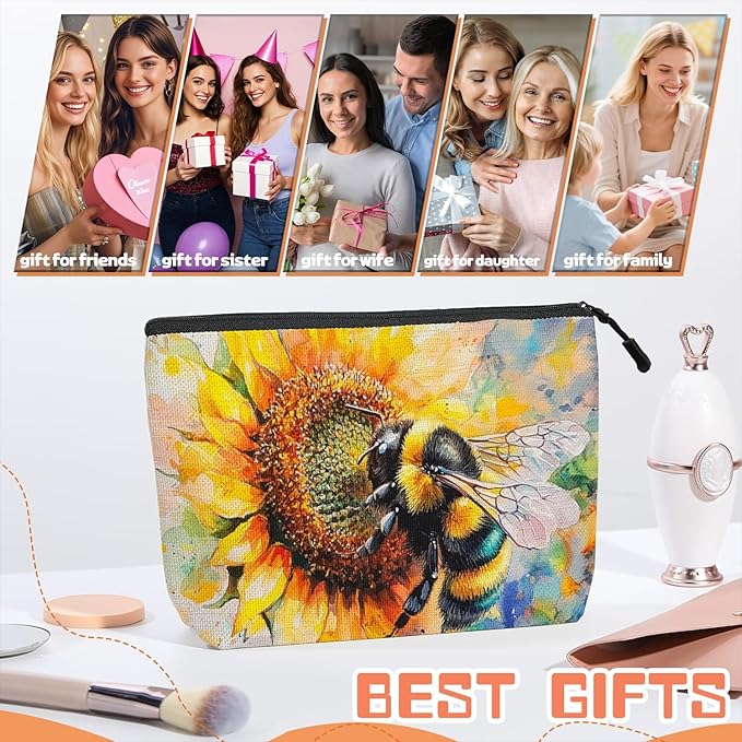 Scribesense Cosmetic Bags Travel Makeup Toilet Case Waterproof Pouch for Women Girls 6.7X9.45inches - Bee on A Sunflower in Watercolor Painting