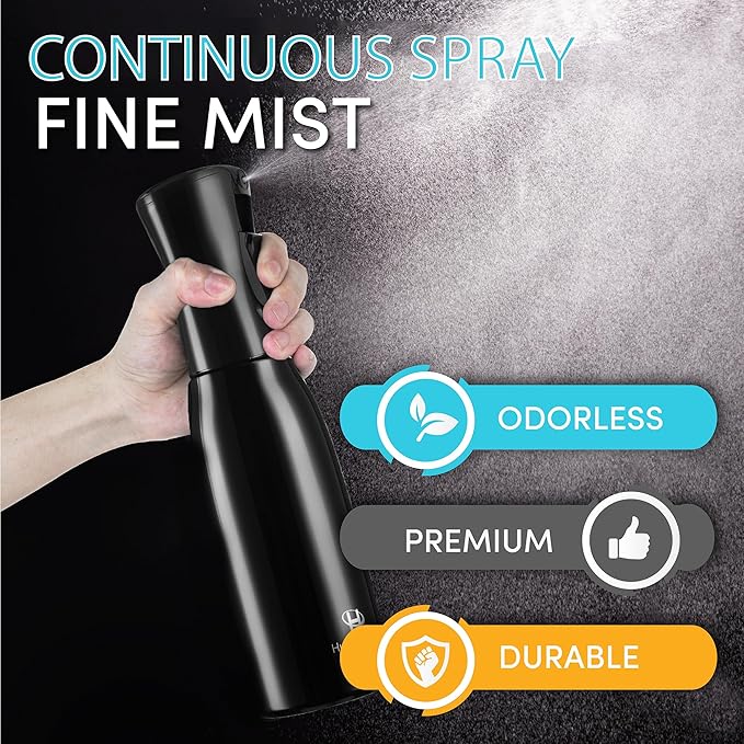 Hula Home Spray Bottle for Hair (20oz/590ml) - Continuous Ultra Fine Mist Sprayer – For Hairstyling, Cleaning, Salons, Plants, Essential Oil & More - Black