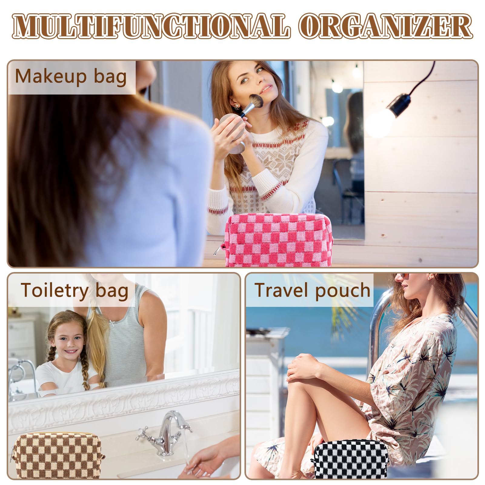 ZLFSRQ 4Pcs Checkered Pencil Case Cute Pencil Pouch for Teens Checkered Makeup Bag Medium Travel Cosmetic Bag Makeup Pouch for Purse Aesthetic Trendy Zipper Toiletry Bags(Green/Black/Pink/Brown)