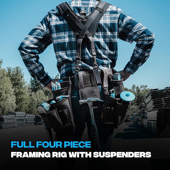 OX Pro Oil‑Tanned Leather Carpenter Tool Belt with Padded Suspenders & Dual Hammer Loops