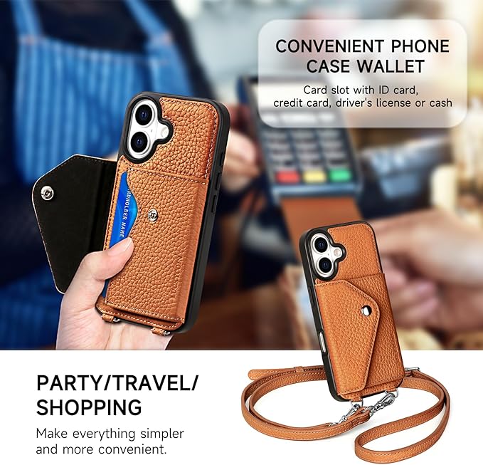 LUCKYCOIN Crossbody Phone Case for iPhone 17,100% Genuine Leather Phone Wallet Case for Women, Fashion Premium Hands-Free Phone Purse with Expandable Flip Card Holder & Adjustable Strap - Pebble Brown