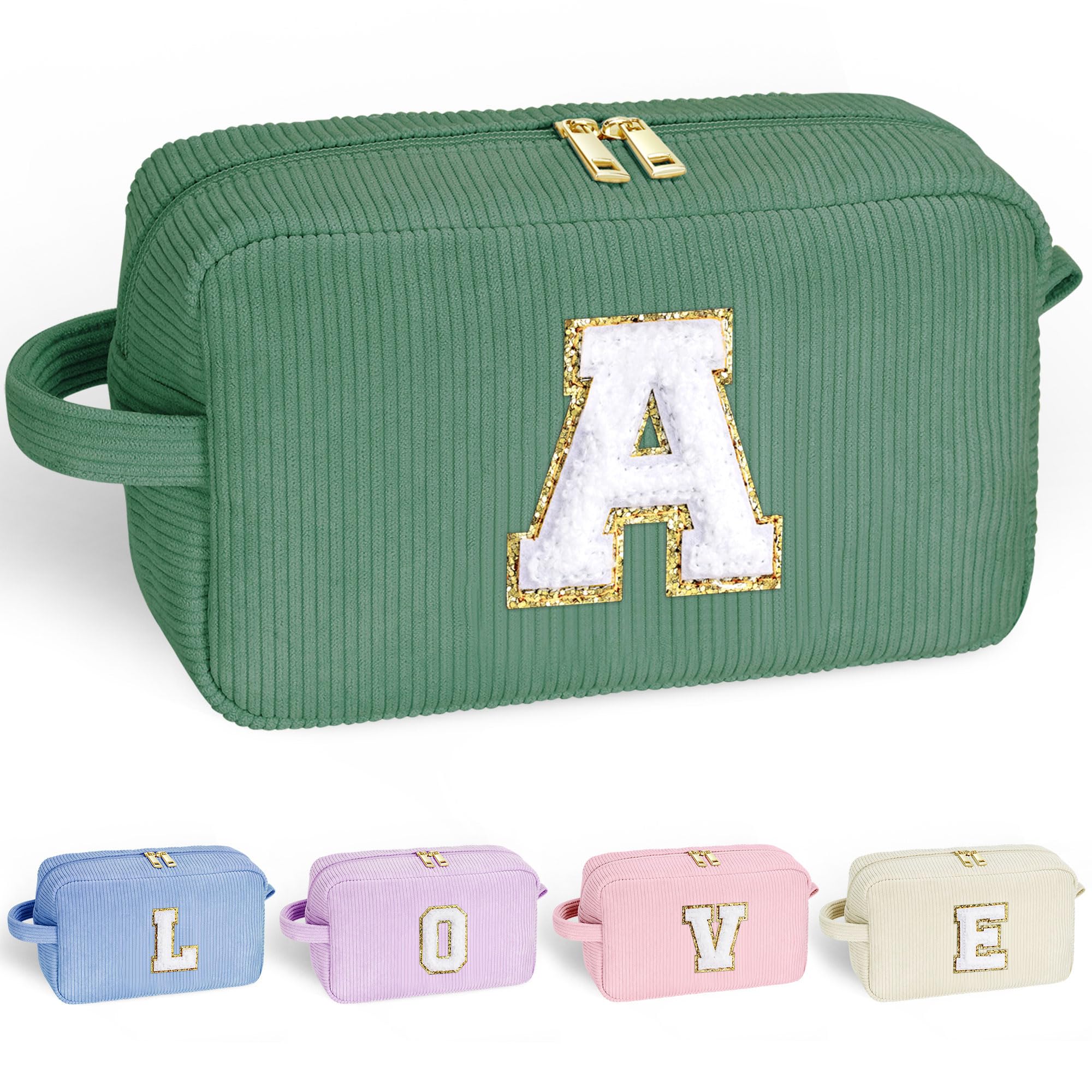 YOOLIFE Travel Makeup Bag Cosmetic Bags - 4 5 6 7 8 9 10 11 12 13 Year Old Girl Birthday Gift Monogram Initial Cute Make Up Bag for Kids Teen Girls Stuff Personalized Teen Girl Gift Green Letter A