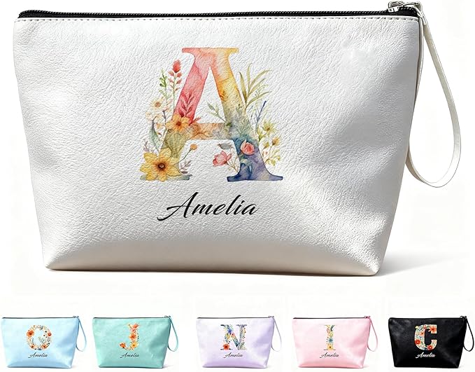Bliver Personalized Makeup Bag Initial&Birth Flower Custom Small Travel Cosmetic Bag with Name Cute Makeup Bag for Women Girls