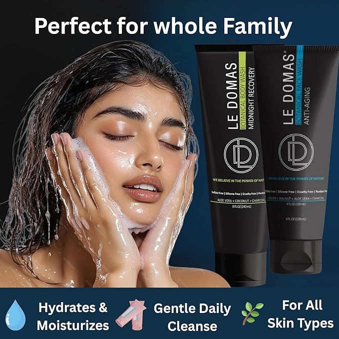 LE DOMAS Body Wash & Face Wash Set for Men & Women – Natural Skincare with Aloe Vera, Rice & Coconut Charcoal, Hydrating Moisturizer & Oil Cleanser, Travel Size Skin Care Products for All Skin Types