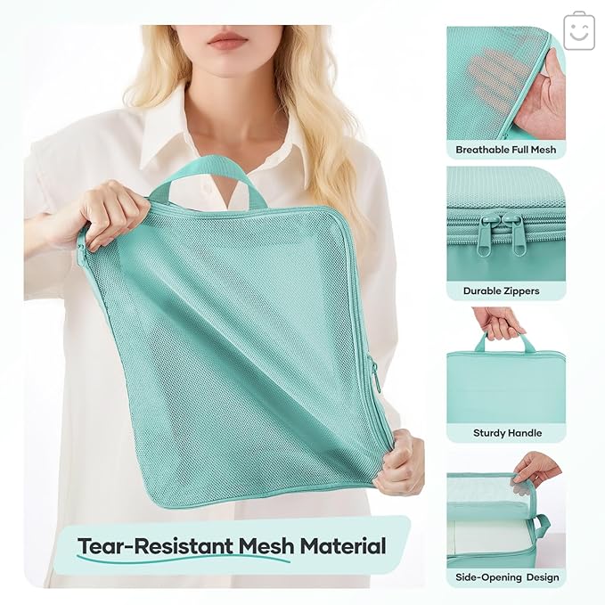 Veken 11 Set Compression Packing Cubes Garment Bags for Travel Essentials,Compressible Expandable Luggage Organizer Bags for Clothing,Space Saver Bags with Over 1000 pcs of Mesh Holes(Blue Green)