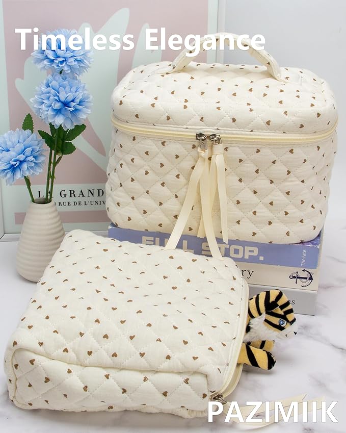 Quilted Makeup Pouch for Women, Travel Cosmetic&Toiletry Bag,Gauze Heart