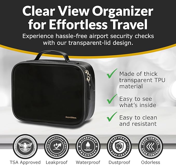 Clear Makeup Bag Set, Travel Cosmetic Bags with Transparent TPU Front, 3PCS (Large & Small Pouches + Compact Mirror), Saffiano PU Leather Toiletry Organizer for Women, Black