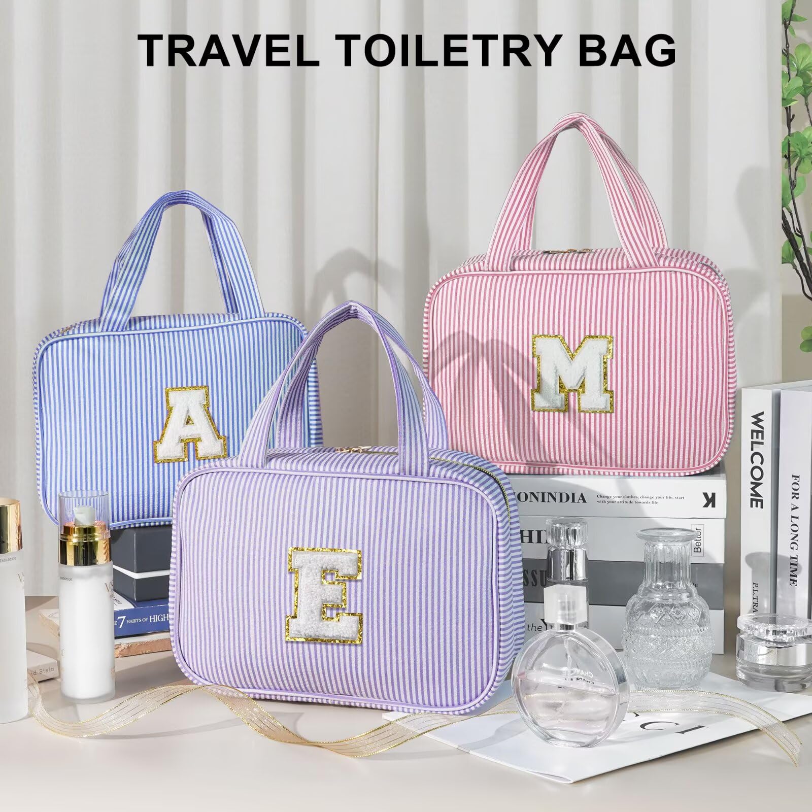 TOPEAST Travel Toiletry Bag Makeup Bag - Hanging Toiletry Bag for Women, Portable Toiletries Travel Bag and Cosmetic Bag, Airplane Travel Essentials Travel Toiletry Bag - Letter J, Pink