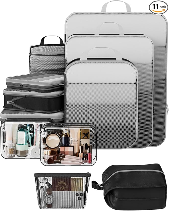 Veken 11 Set Compression Packing Cubes Garment Bags for Travel Essentials,Compressible Expandable Luggage Organizer Bags for Clothing,Space Saver Bags with Over 1000 pcs of Mesh Holes(Black)