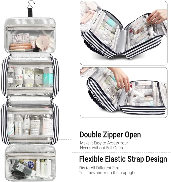Bosidu Toiletry Bag for Women Large Capacity Hanging Travel Toiletry Organizer for Traveling Women with 4 Compartments & 1 Hanging Hook Travel Comestic Makeup Bag for Full Size Toiletries