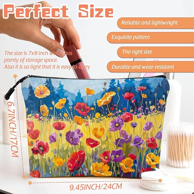 Scribesense Cosmetic Bags Travel Makeup Toilet Case Waterproof Pouch for Women Girls 6.7X9.45inches - Oil Painting of A Colorful Poppy Field