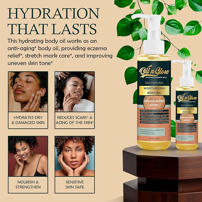 OilnGlow Pure Natural Hydrating Body Oil After Shower With Coconut, Jojoba, Olive & Almond Non-Greasy Moisturizing Oil For Women & Men Dry Skin 5.07 fl oz/150ml-Sandalwood Scent