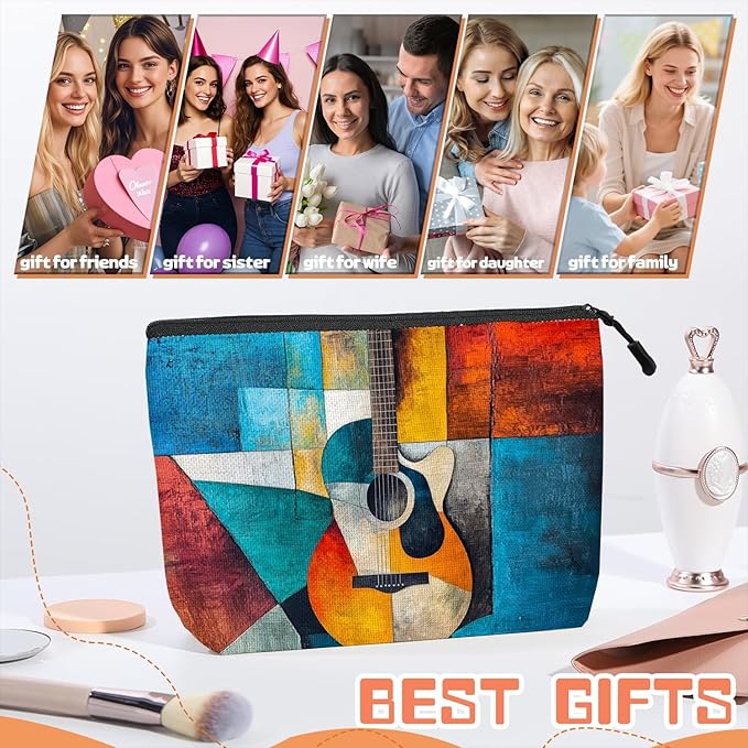 Scribesense Cosmetic Bags Travel Makeup Toilet Case Waterproof Pouch for Women Girls 6.7X9.45inches - Abstract Guitar in A Multicolored Geometric Composition
