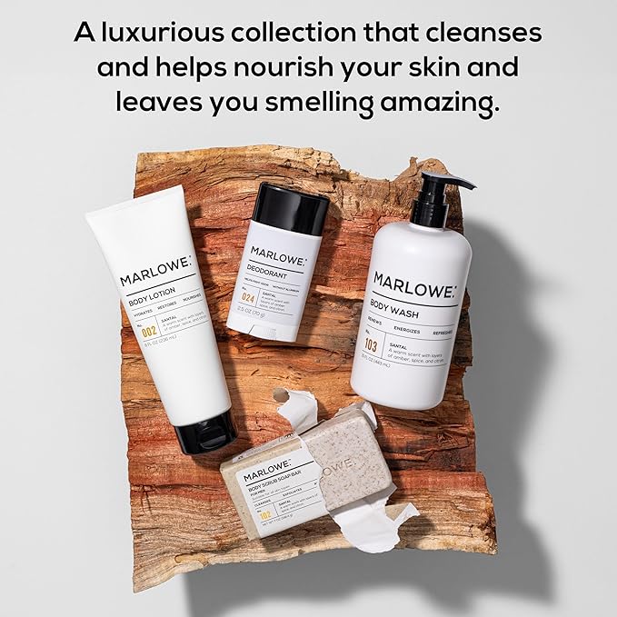 MARLOWE. Men's Santal Body Gift Set, Scrub Soap, Deodorant + Lotion