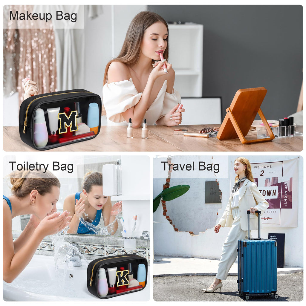 YOOLIFE Initial Travel Makeup Bag Pouch, Clear Toiletry Bag for Women Travel Accessories Cosmetic Bag Skin Care for Teen Make Up Bags Birthday Gifts for Women Unique Teacher Mom Friends Gifts Black B