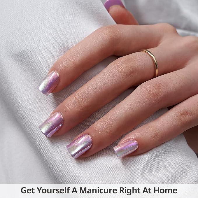 BTArtbox Press On Nails, Glass Ocean, Short Square, Chrome Cat Eye, 32Ct