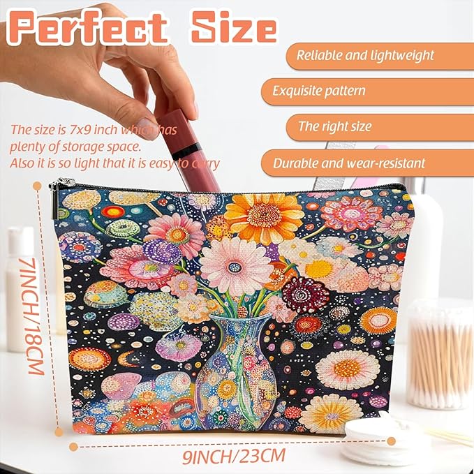 Scribesense Makeup Bag Travel Cosmetic Bags Small Makeup Case Waterproof Zipper Pouch for Women Girls 7X9inches - Colorful Flowers in A Blue Vase with Dots